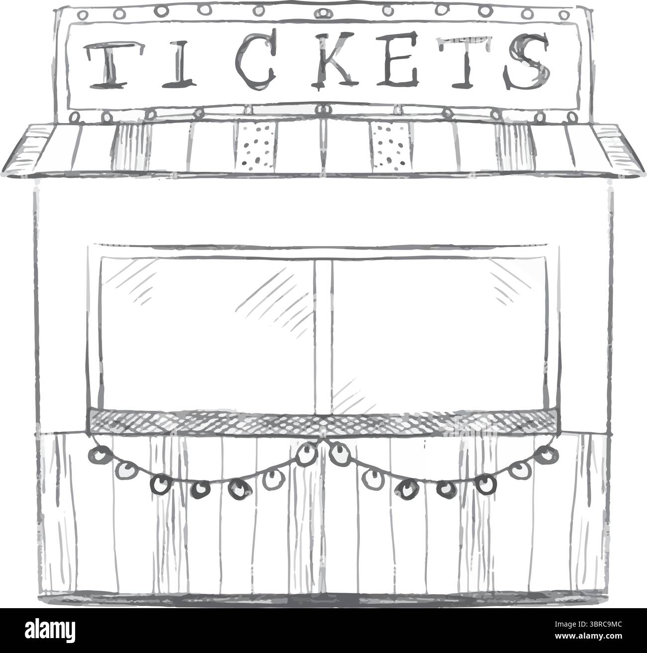Dies ist eine charmante und ansprechende Skizze eines Ticketschalters, die perfekt für Event- und Festivaldesigns ist. Handgezeichnete Vektorillustration in Schwarzweiß-Grafiken. Stock Vektor