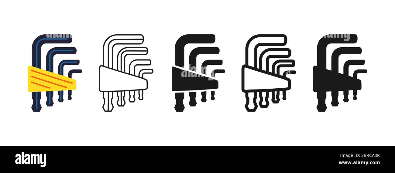 Symbolsatz für innensechskantschlüssel. Klassischer Innensechskantschlüssel Reparaturwerkzeugbauer Mechaniker, Klempner. Konstruktion mechanischer Wartung Metallwerkzeug Zeichen professionelle stilisierte Cartoon Vektor Illustration Stock Vektor