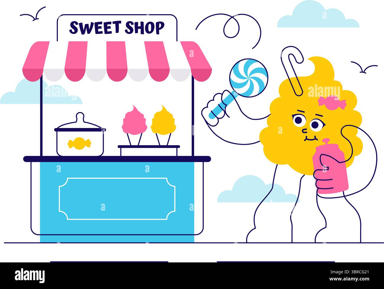 Süße Shop Vektor Illustration mit dem Verkauf von verschiedenen Bäckereiprodukten, Cupcakes, Kuchen, Gebäck oder Süßigkeiten in einem flachen Stil Cartoon Hintergrund Stock Vektor
