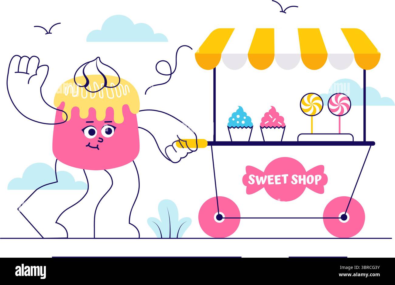 Süße Shop Vektor Illustration mit dem Verkauf von verschiedenen Bäckereiprodukten, Cupcakes, Kuchen, Gebäck oder Süßigkeiten in einem flachen Stil Cartoon Hintergrund Stock Vektor