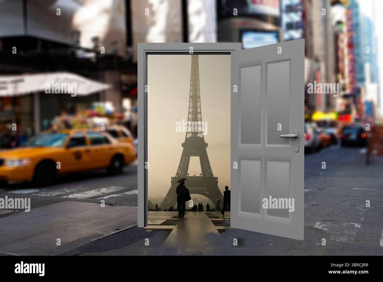 Digitale Kombination aus offener Tür mit Eiffelturm auf der Straße Stockfoto