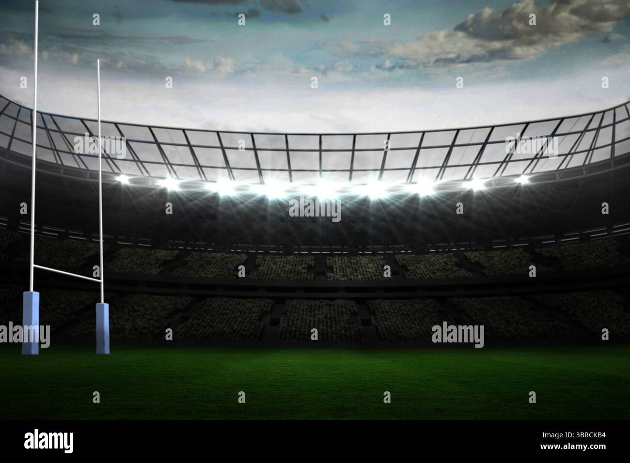 Das flache Design zeigt weiße Rugby-Torpfosten im Stadion auf dem Rasenplatz unter Flutlichtern Stockfoto