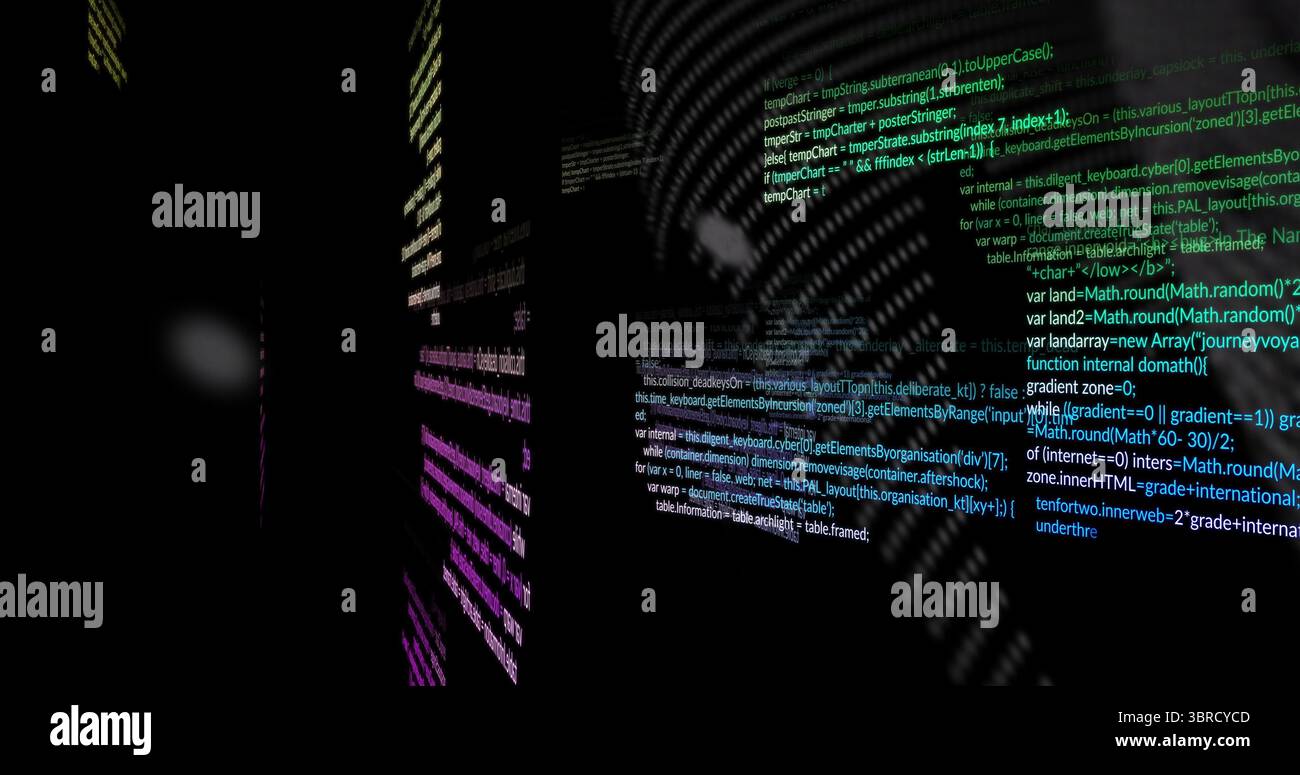 Anzeigen vertikaler, schwebender Neon-farbiger Codefelder im virtuellen 3D-Raum mit JavaScript-Ausschnitten Stockfoto