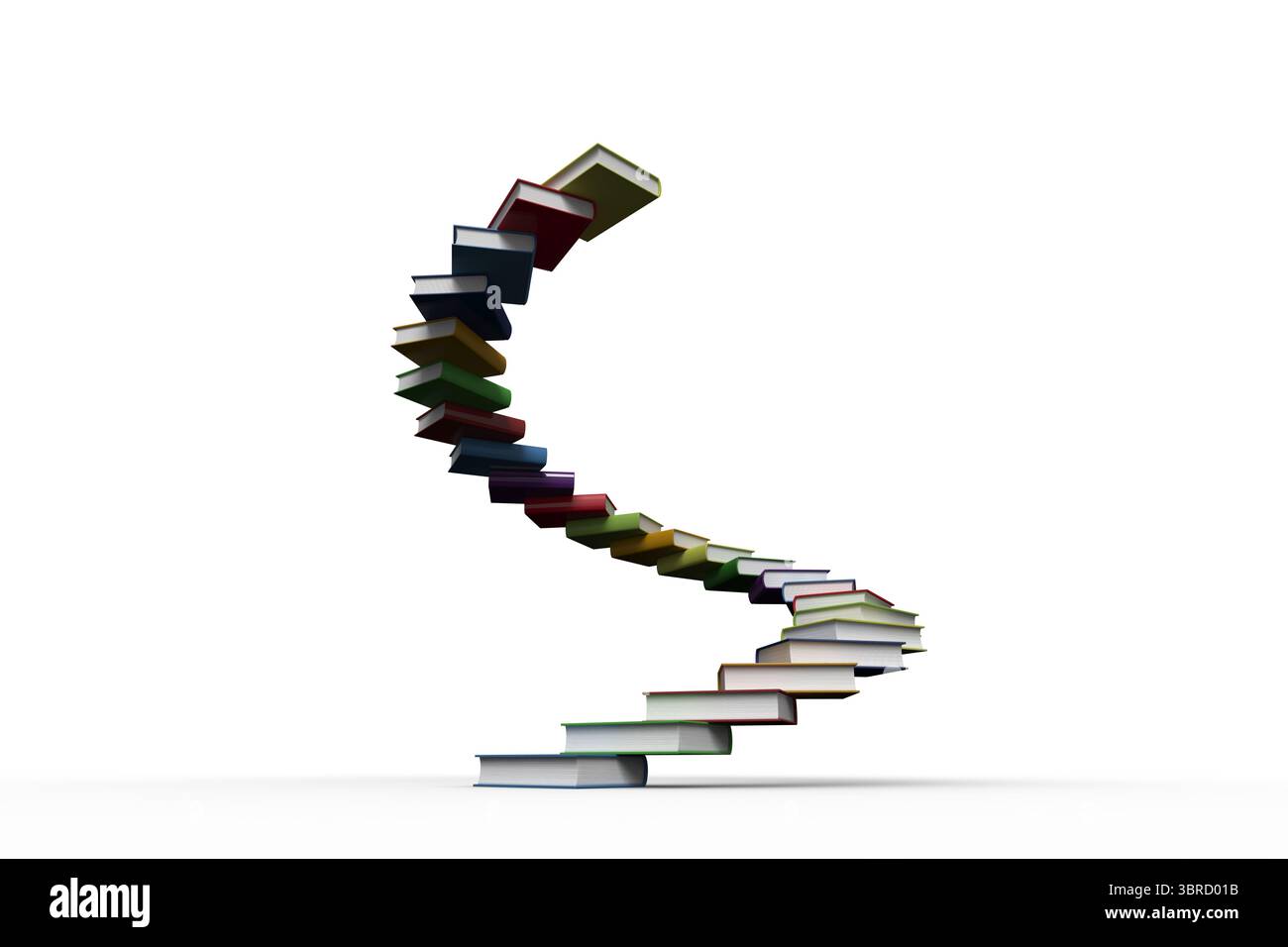 Schwebende Hardcover-Bücher steigen in flachem Design mit weißem Hintergrund und Kopierraum nach oben Stockfoto