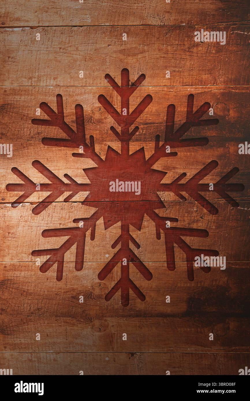 Das rustikale flache Design zeigt ein rötlich-braunes Schneeflockenmotiv auf verwitterten Holzdielen mit Knoten Stockfoto