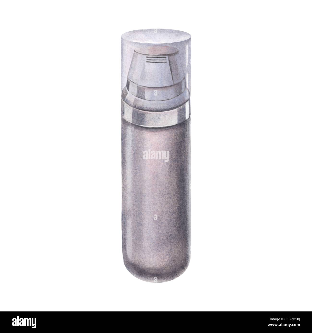 Klassische Rasierschaum-Dose aus Metall mit durchsichtigem Verschluss. Handgemalte Aquarellillustration einer Flasche isoliert auf weiß. Perfekt für das Retro-Branding in Friseurgeschäften Stockfoto