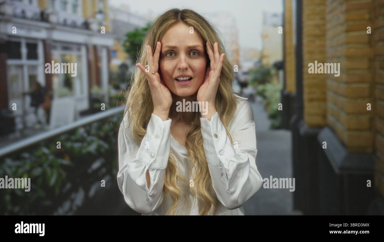 Frau posiert auf einer Stadtstraße mit blonden Haaren, die ein weißes Hemd trägt und draußen Überraschung oder Schock mit urbanem Hintergrund ausdrückt. Stockfoto