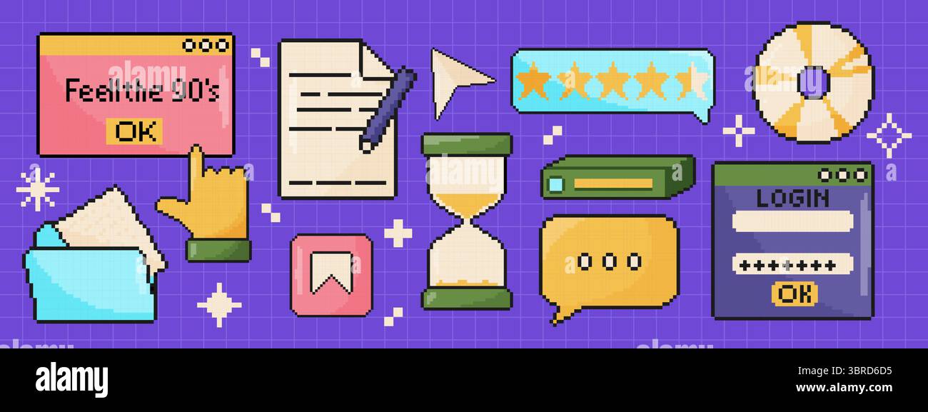 8-Bit-Retro-pc-Element-Fensterset. Pixelbildobjekte. Computergrafik der alten Schule Stock Vektor