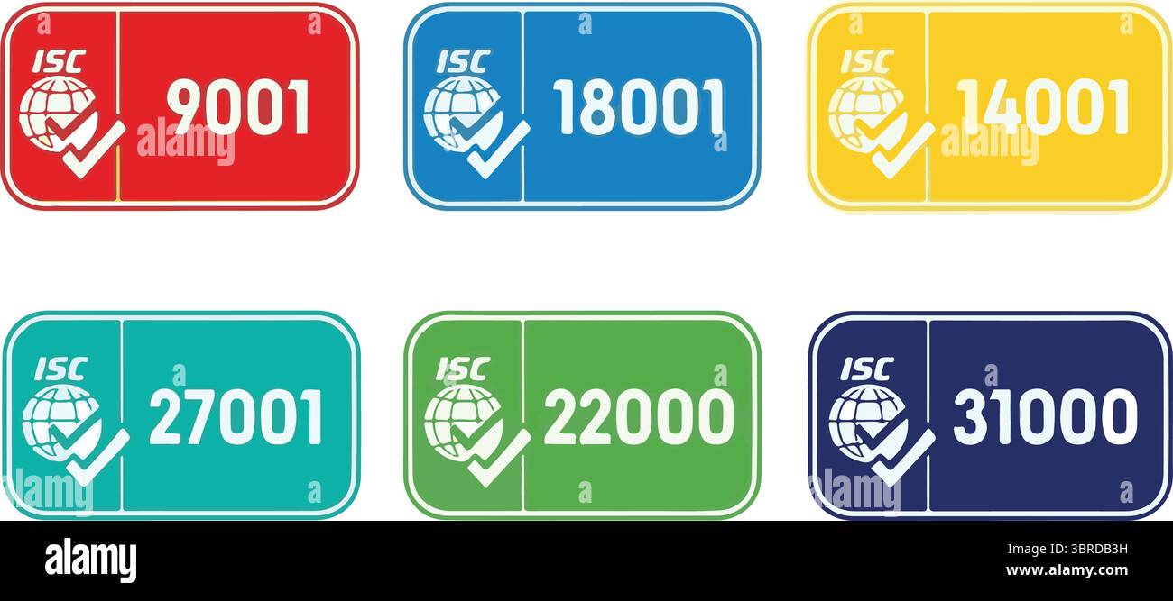 Satz der Stempel der Internationalen Organisation für Normung 27001, 22000, 18001, 9001, 14001. Satz gängiger ISO-Normen. Verwaltungssystem-Zeichen. Stock Vektor