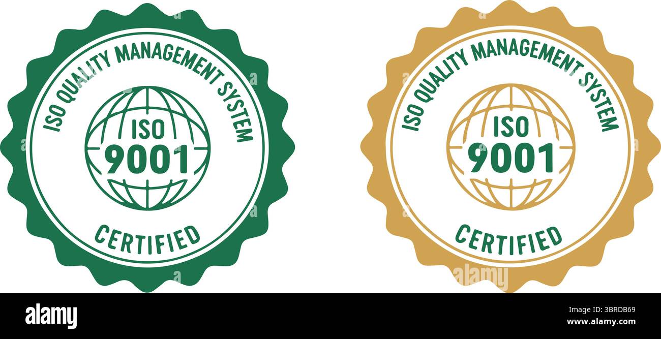 Satz der Internationalen Organisation für Normung Stempel 9001 Satz gängiger ISO-Normen. Zertifizierungszeichen für Managementsystem. Vektorabbildung Stock Vektor