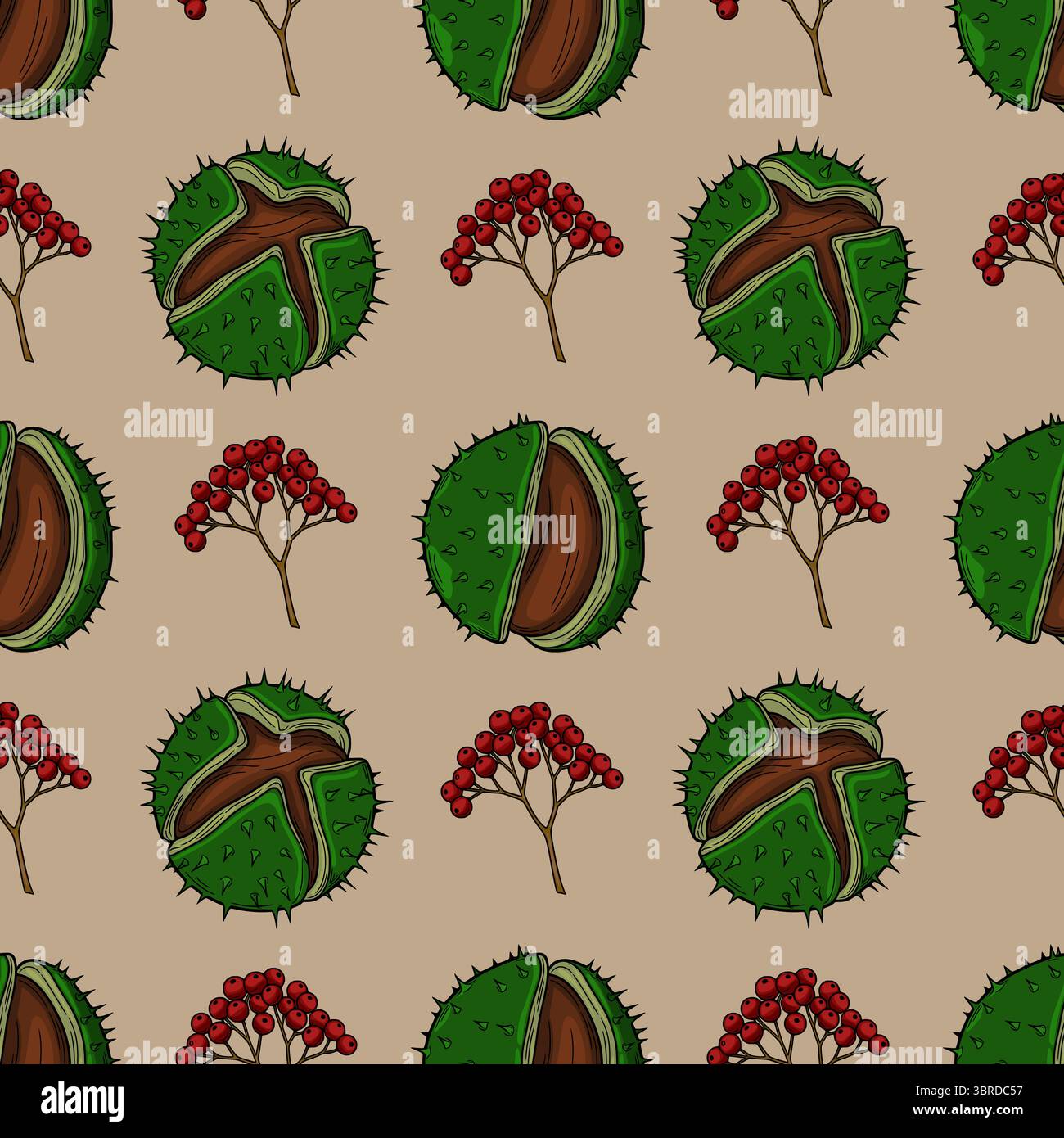 Nahtloses Vektormuster aus Herbstkastanien und roten Beeren, handgezeichnet im Vintage-Stil auf beigem Hintergrund, ideal für Herbstmotive. Stock Vektor