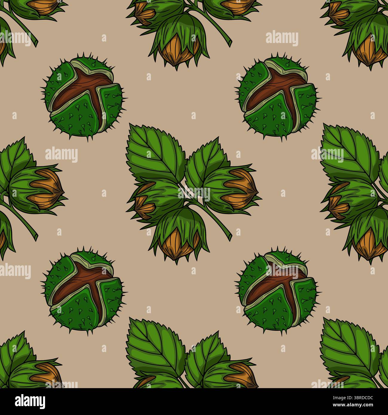 Nahtloses Vektormuster aus Haselnüssen und Kastanien mit grünen Blättern auf beigefarbenem Hintergrund, wodurch ein rustikales herbstliches Design entsteht. Stock Vektor