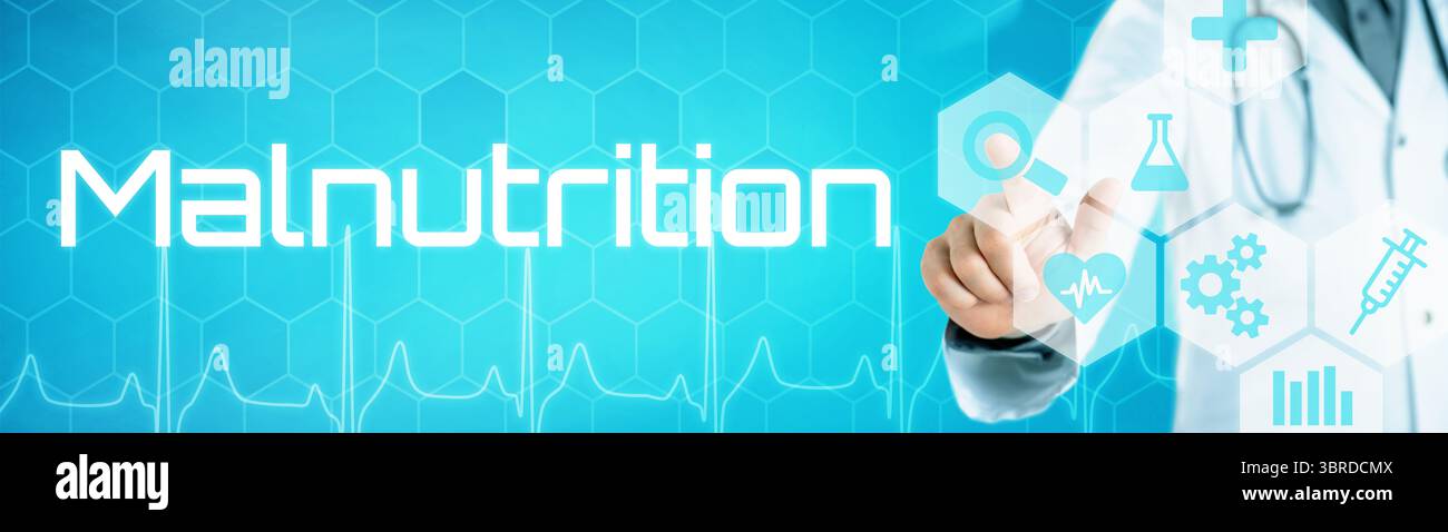 Arzt berührt ein Symbol auf einer futuristischen Schnittstelle - Mangelernährung Stockfoto