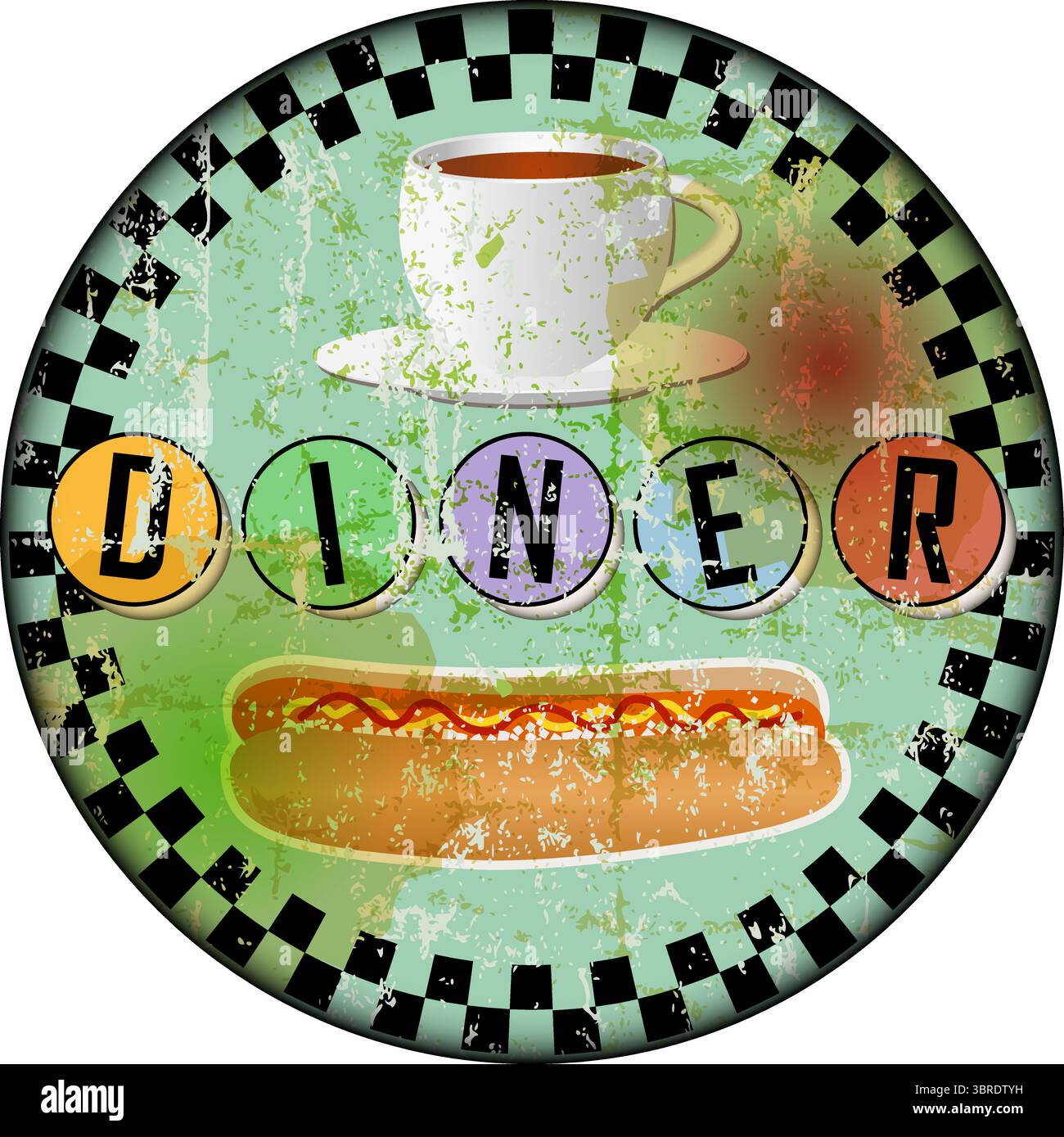 Retro american Diner-Schild mit Hot Dog, Fast-Food-Schild im Vintage-Stil, abgenutzt und verwittert, Vektoren Stock Vektor