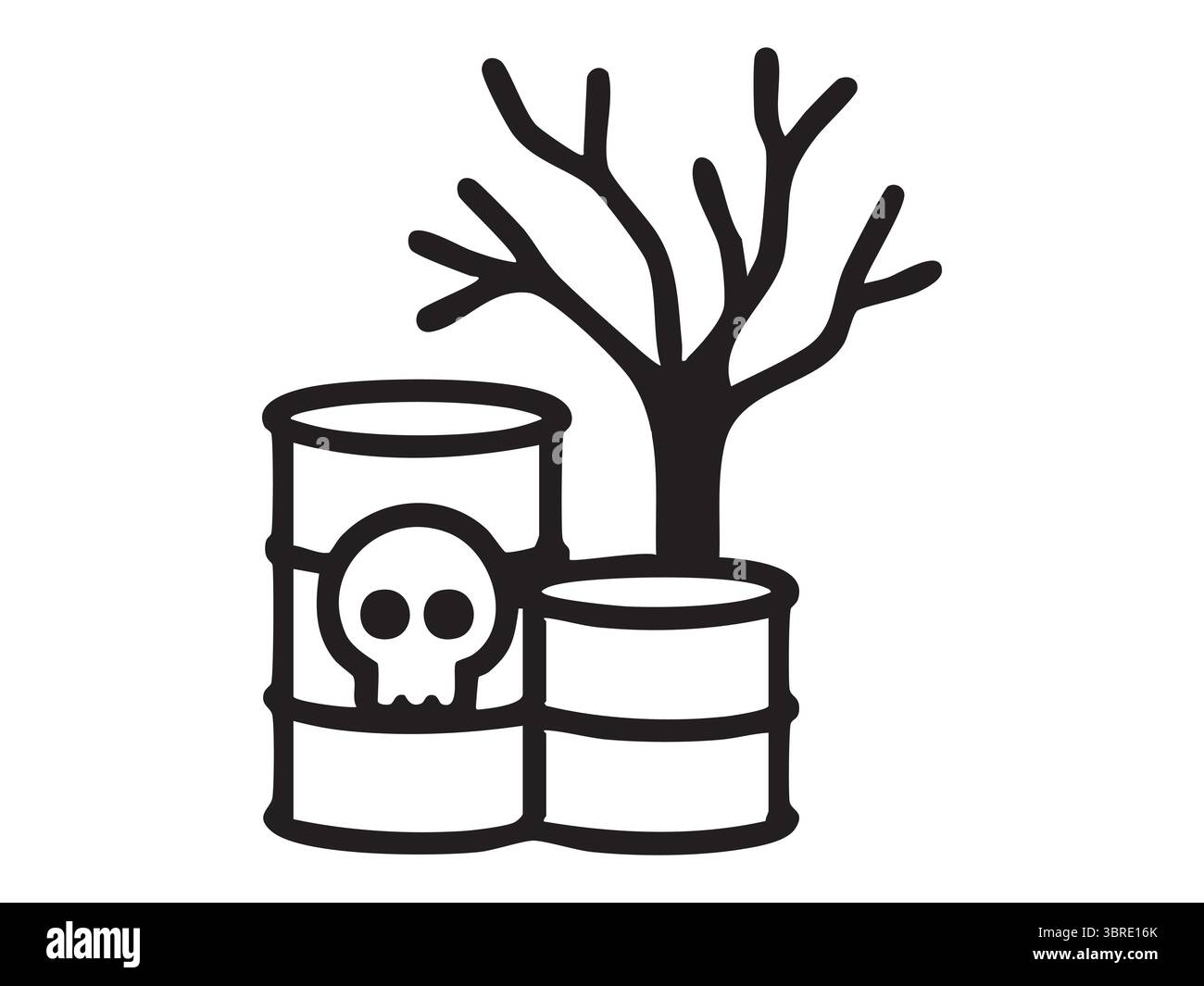 Schwarze Umrandung der Umweltverschmutzung mit giftigen Fässern und totem Baum, isoliert auf weißem Hintergrund, grafische Illustration. Konzept von Symbol, Logo, Stock Vektor