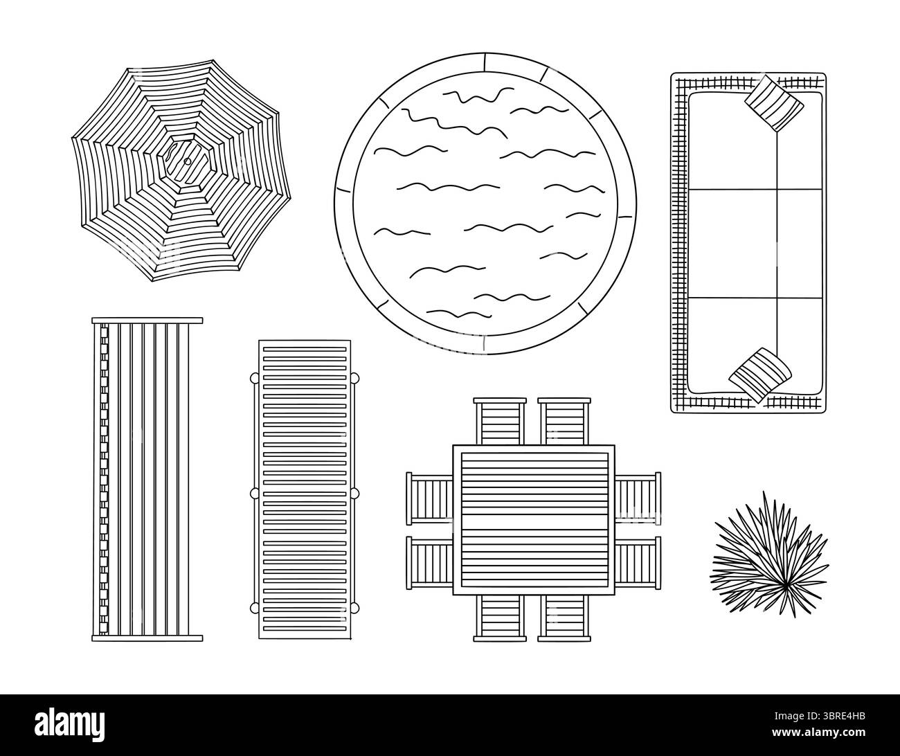 Eine Zeichnung von Pool und Terrasse mit verschiedenen Gegenständen Stock Vektor
