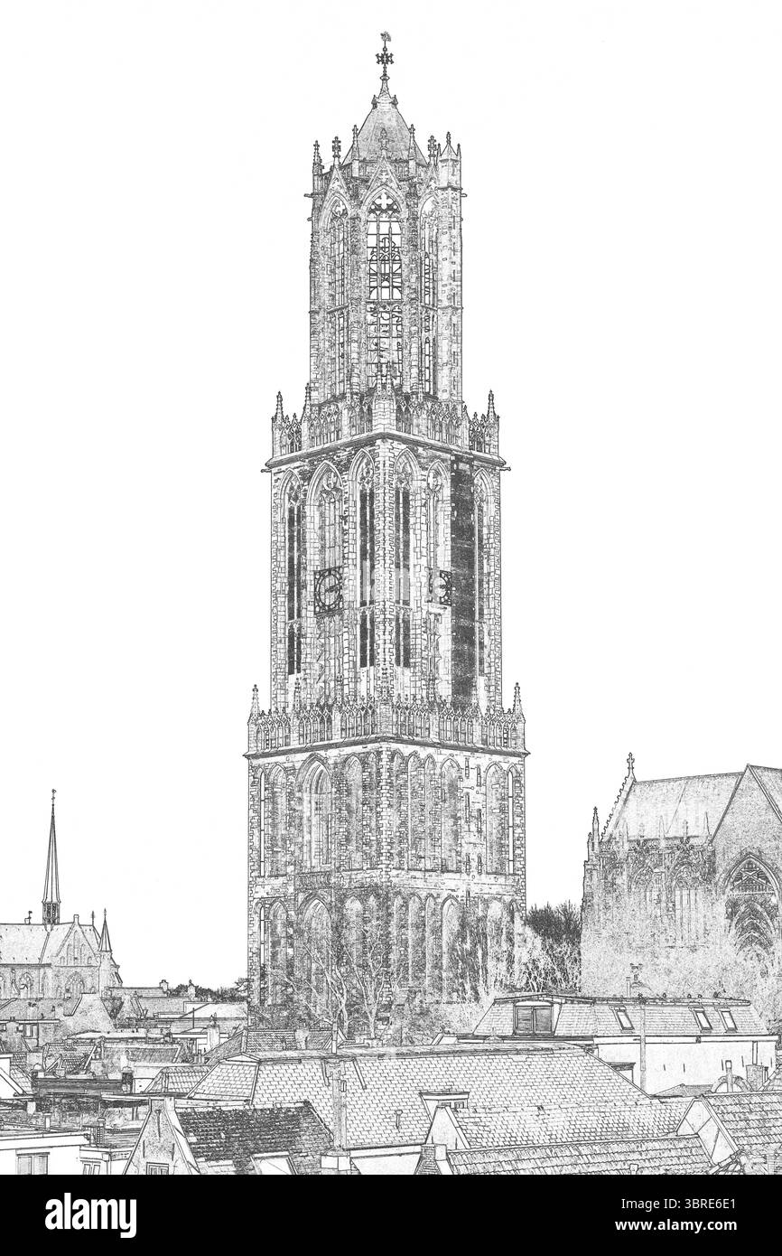 Detaillierte Stiftzeichnung des Domturms in Utrecht, Niederlande. Ein historisches gotisches Wahrzeichen, das sich in feinen Linien über den Dächern der Stadt erhebt. Stockfoto