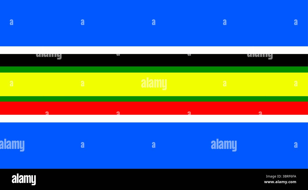 Flagge der Ostafrikanischen Gemeinschaft – offizielle EAC-Regionalflagge mit blauen, weißen, schwarzen, grünen, gelben und roten horizontalen Streifen, Emblem in der Mitte Stock Vektor