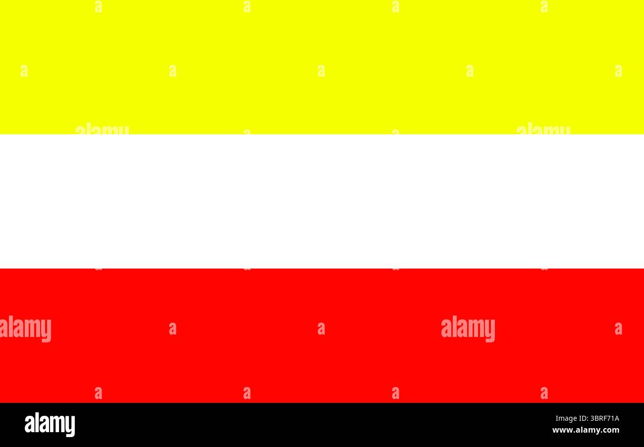 Flagge des Komitats Szamotuły, Polen – offizielle Regionalflagge mit gelben, weißen und roten horizontalen Streifen und Wappen, verabschiedet 2004 Stock Vektor