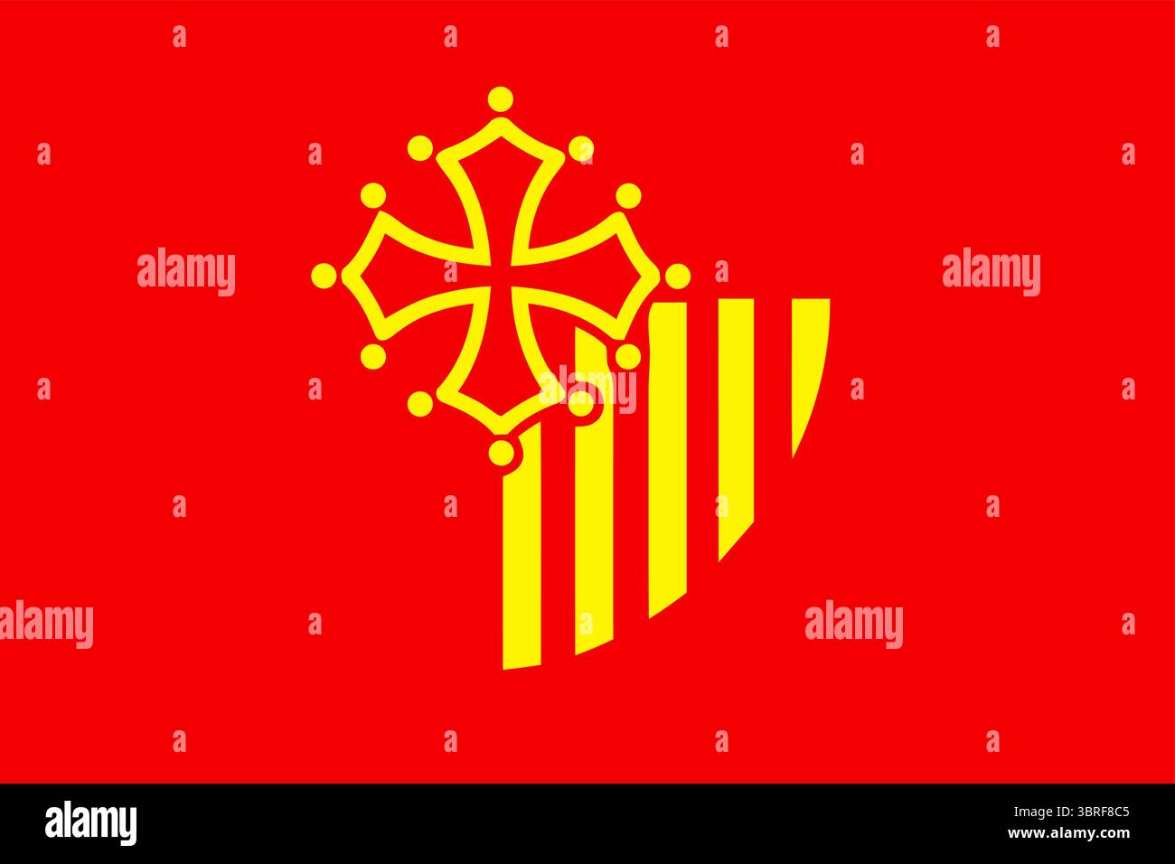 Flagge des Languedoc-Roussillon, Frankreich (bis 2004) – Regionalflagge mit okzitanischem Kreuz und vertikalen Streifen, historisches französisches Regionalwappen, Vektor Stock Vektor