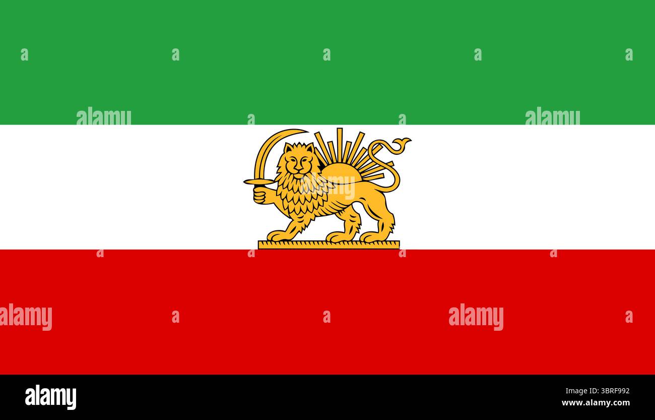 Staatsflagge des Iran (1964–1980) – dreifarbig grün, weiß, rot mit Löwen- und Sonnenemblem, offizielle Flagge während der Pahlavi-Dynastie, Vektorillustration Stock Vektor