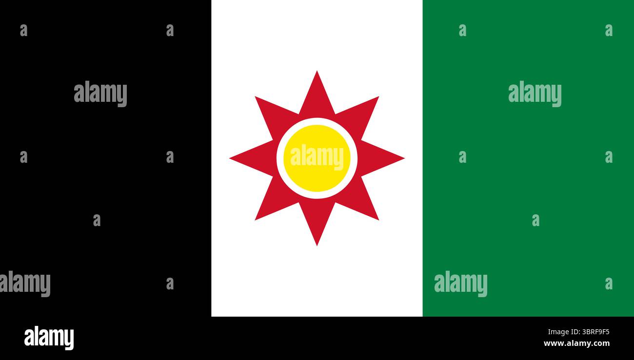 Flagge des Irak (1959–1963) – schwarz-weiß-grüne horizontale Dreikolore mit rotem Stern und gelber Sonne, historische Nationalflagge nach der Revolution von 1958, Vektor Stock Vektor
