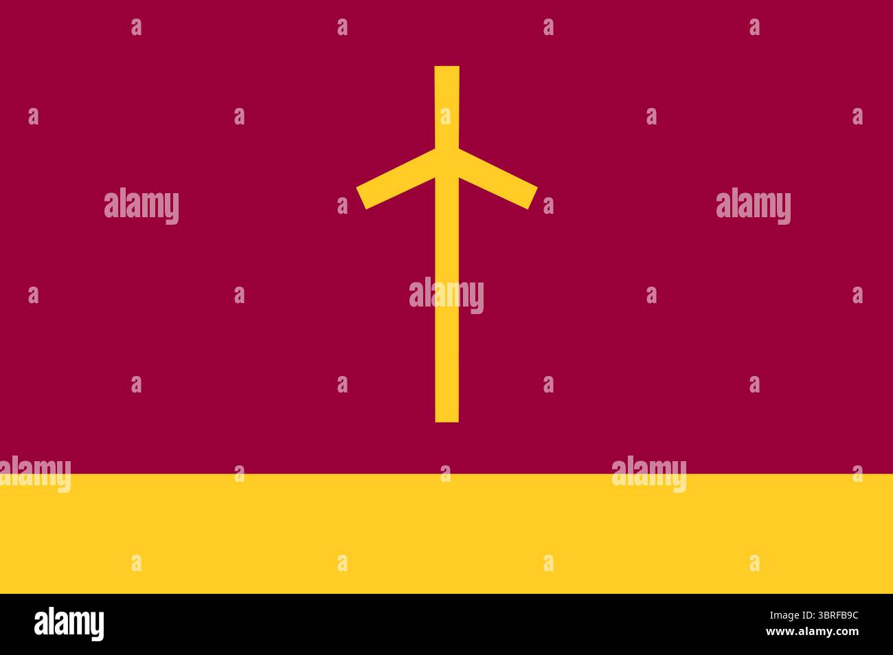 Flagge der Gemeinde Ninotsminda, Samtskhe-Javakheti, Georgien – lila und gelbe horizontale Flagge mit dem Grapevinenkreuz St. Nino, Vektorillustration Stock Vektor