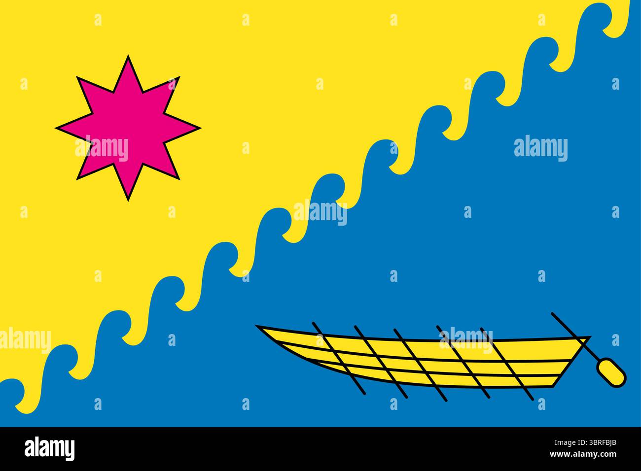 Flagge des Raion Synelnykove, Oblast Dnipropetrovsk, Ukraine – diagonale gewellte gelb-blaue Doppelfarbe mit rotem achtzackigem Stern und gelbem Kosaken Stock Vektor Flagge des Raion Synelnykove, Oblast Dnipropetrovsk, Ukraine – diagonale gewellte gelb-blaue Doppelfarbe mit rotem achtzackigem Stern und gelbem Kosaken Stock Vektor