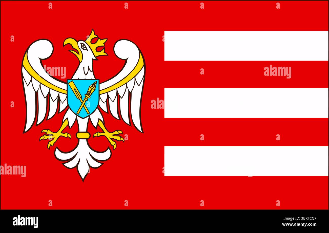 Flagge des Komitats Gniezno, Polen – offizielles regionales Banner mit weißem Adler auf rotem und gelbem horizontalen Doppelkolor, Wappensymbol für Großpolen Stock Vektor