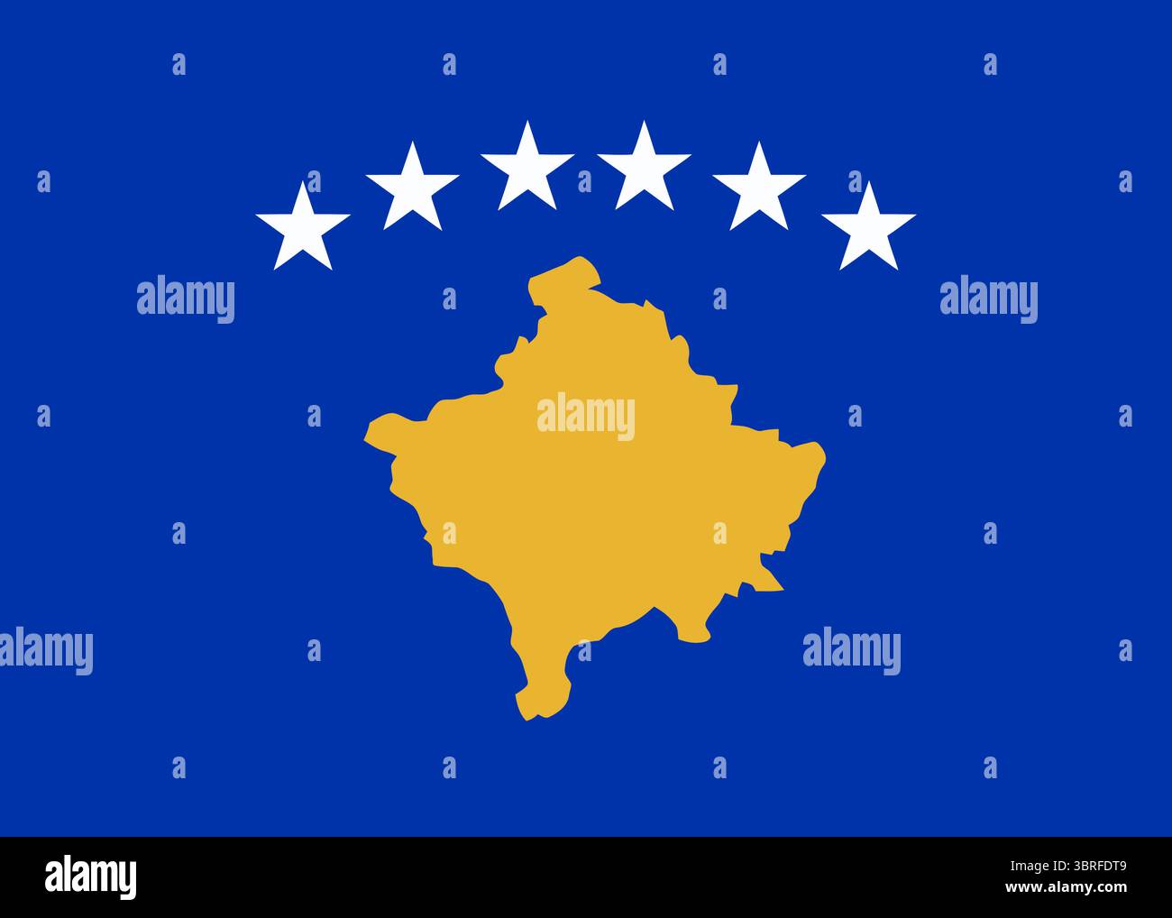 Offizielle Flagge des Kosovo, blaues Feld mit goldener Karte und sechs weißen Sternen, nationales Symbol, Vektorillustration auf weißem Hintergrund Stock Vektor