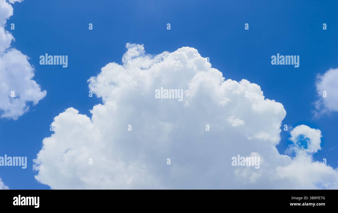Flauschige weiße Wolke in sanftem Sonnenlicht, die über einen blauen tropischen Himmel gleitet. Horizontales Bild, das an eine ruhige und friedliche Atmosphäre erinnert. Stockfoto