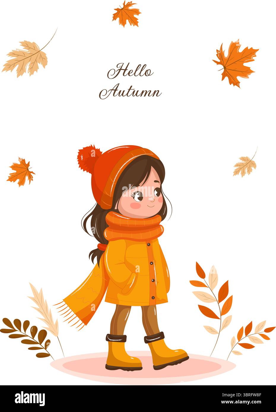 Grußkartenvorlage Hallo Herbst mit einem süßen Mädchen in einer orangefarbenen Jacke, Stiefeln, Hut und langem Schal umgeben von fallenden Ahorn- und Eichenblättern. Vektor-Illustration auf weißem Hintergrund, Kinderthema. Stock Vektor