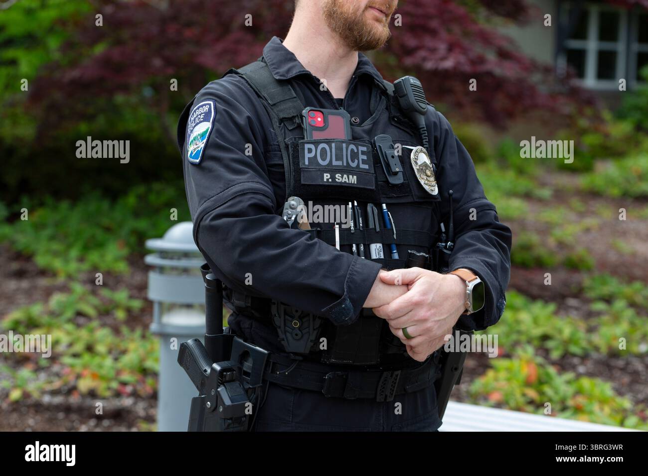 Detective Patrick Sam im Gig Harbor Police Department in Gig Harbor, Washington am 25. Juni 2025. Stockfoto