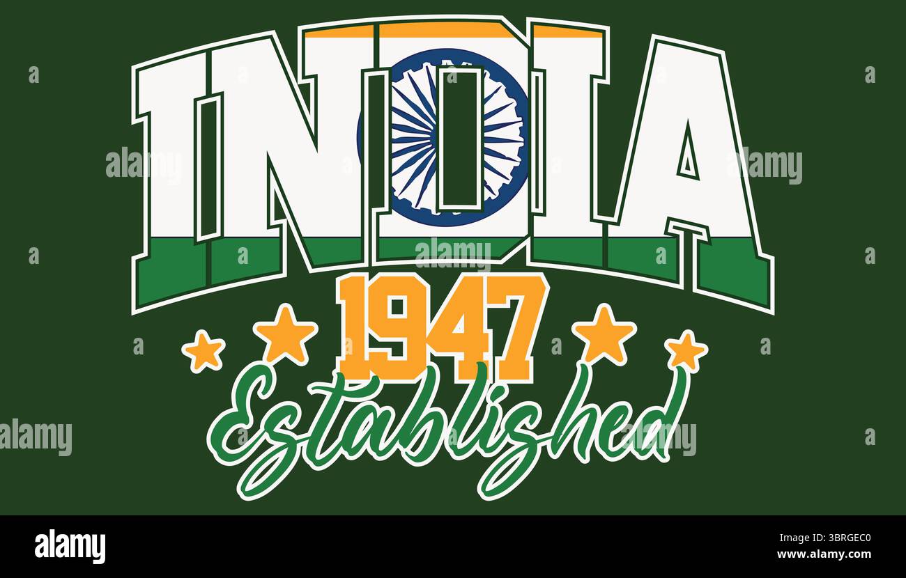 Indien gründete 1947 Vintage Typografie Vektor — Indian Independence T-Shirt Graphic mit Nationalflaggenfarben Stock Vektor