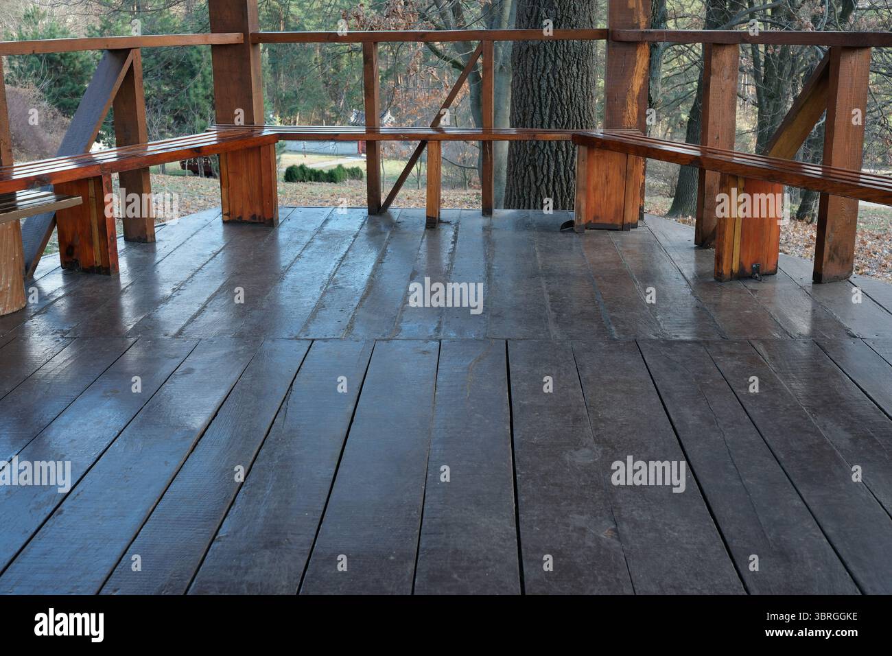 Ruhiger Sitzbereich aus Holz, eingebettet zwischen Bäumen, lädt zum Entspannen und zur Ruhe ein. Stockfoto