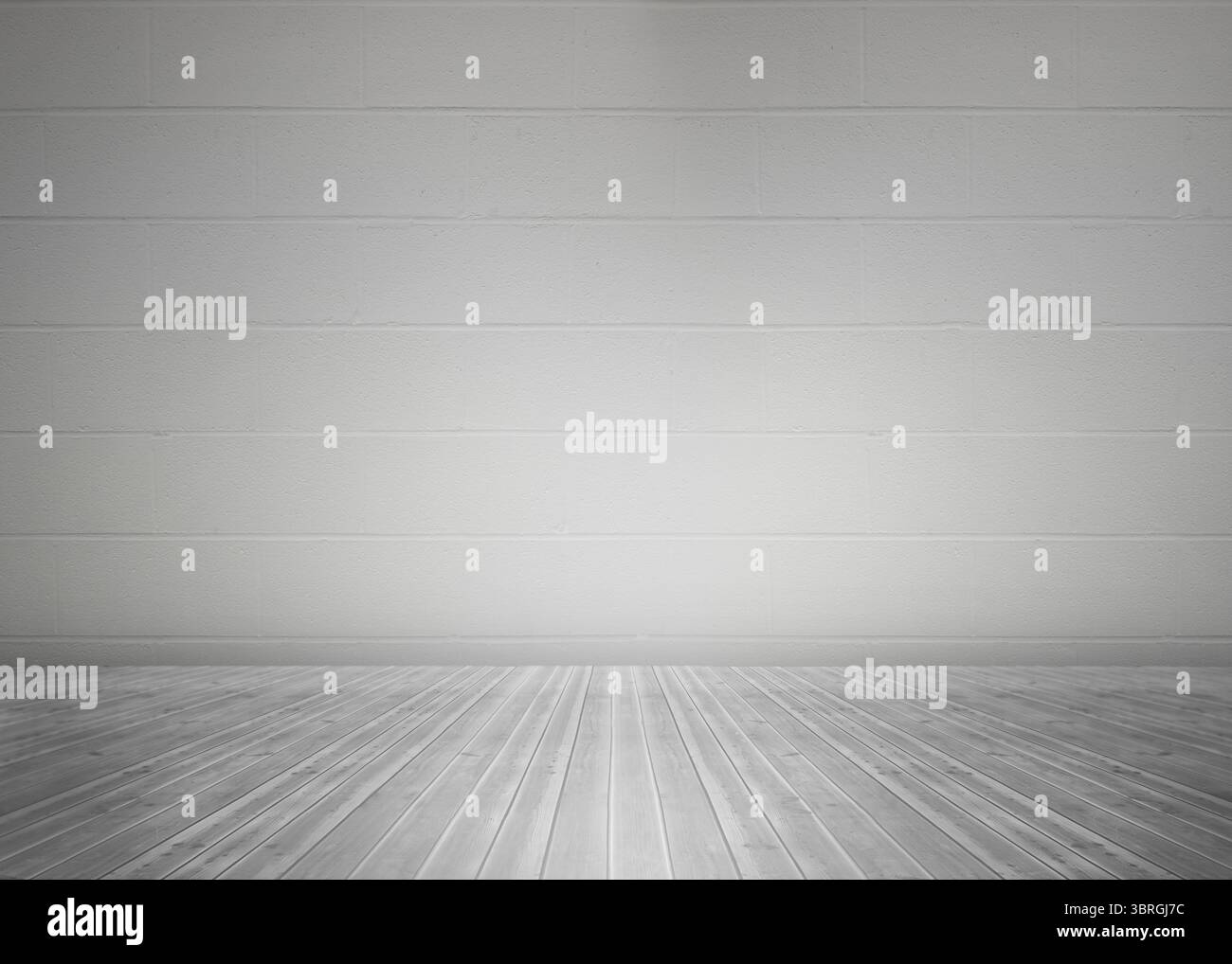 Leerer Raum wird in flachem Design gezeigt, mit grauer Wand aus Schlackenblock und Holzboden Stockfoto
