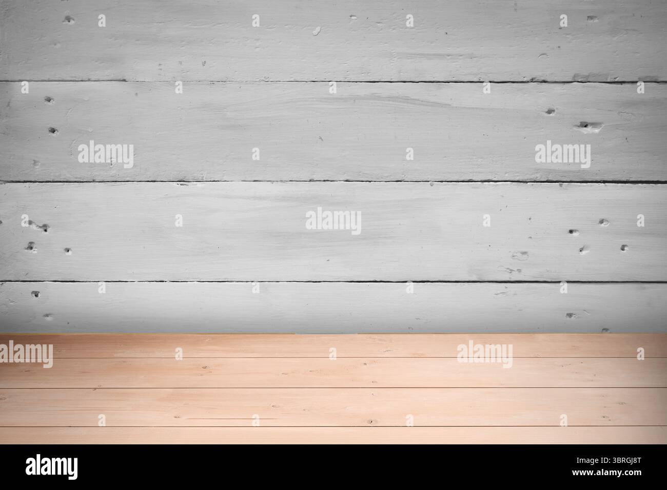 Die flache Abbildung zeigt eine horizontale hellgraue Holzdiele über dem Naturholzboden Stockfoto