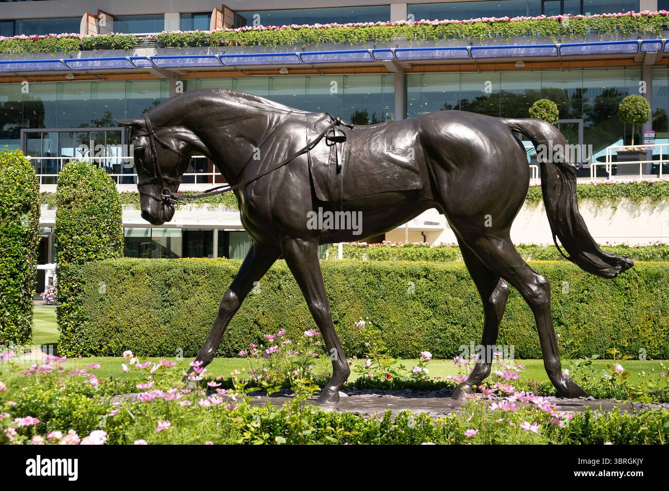 Ascot, Berkshire, Großbritannien. Juli 2025. Eine Skulptur von Pferd Yeats, viermal Gewinner des Gold Cup, im Parade Ring auf der Ascot Racecourse. Es war ein weiterer schöner sonniger Tag auf der Ascot Racecourse heute, als die Hitzewelle weiter anhält. Quelle: Maureen McLean/Alamy Live News Stockfoto