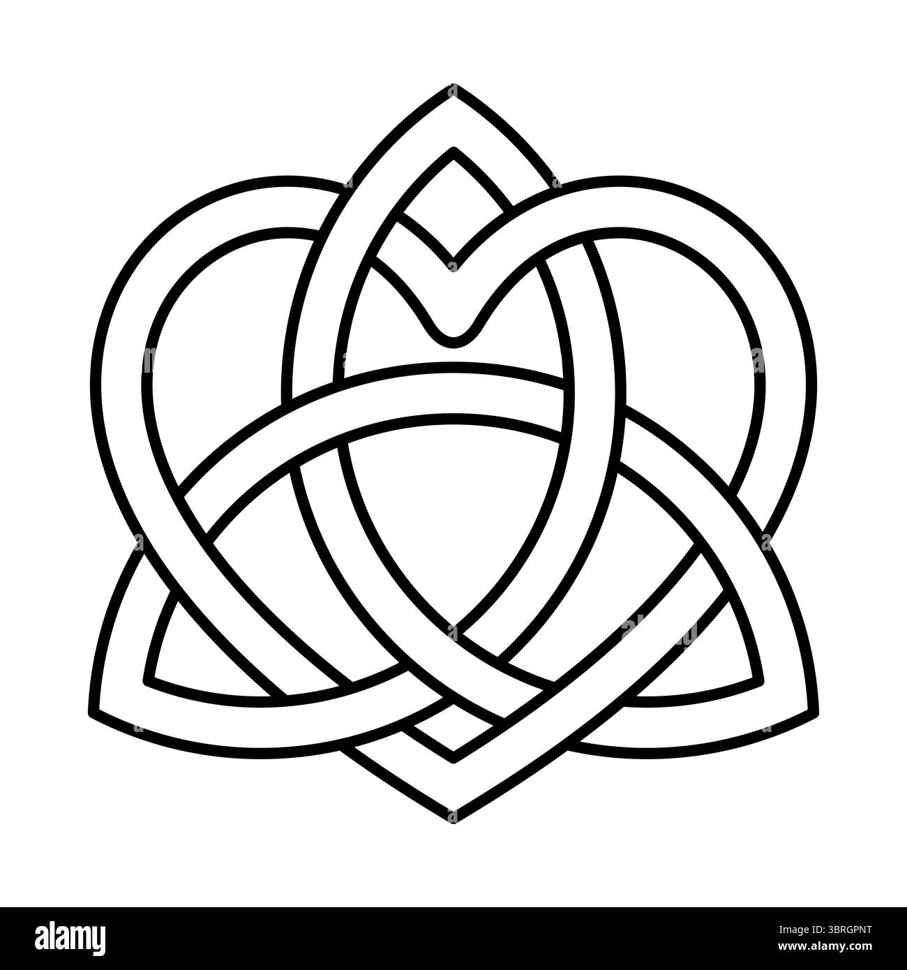 Keltischer Dreiecksknoten, verflochten mit einem Herz. Ein Triquetra, ein nahtloser dreieckiger Knoten und das Symbol für die Heilige Dreifaltigkeit, verflochten mit einem Herzen. Stockfoto