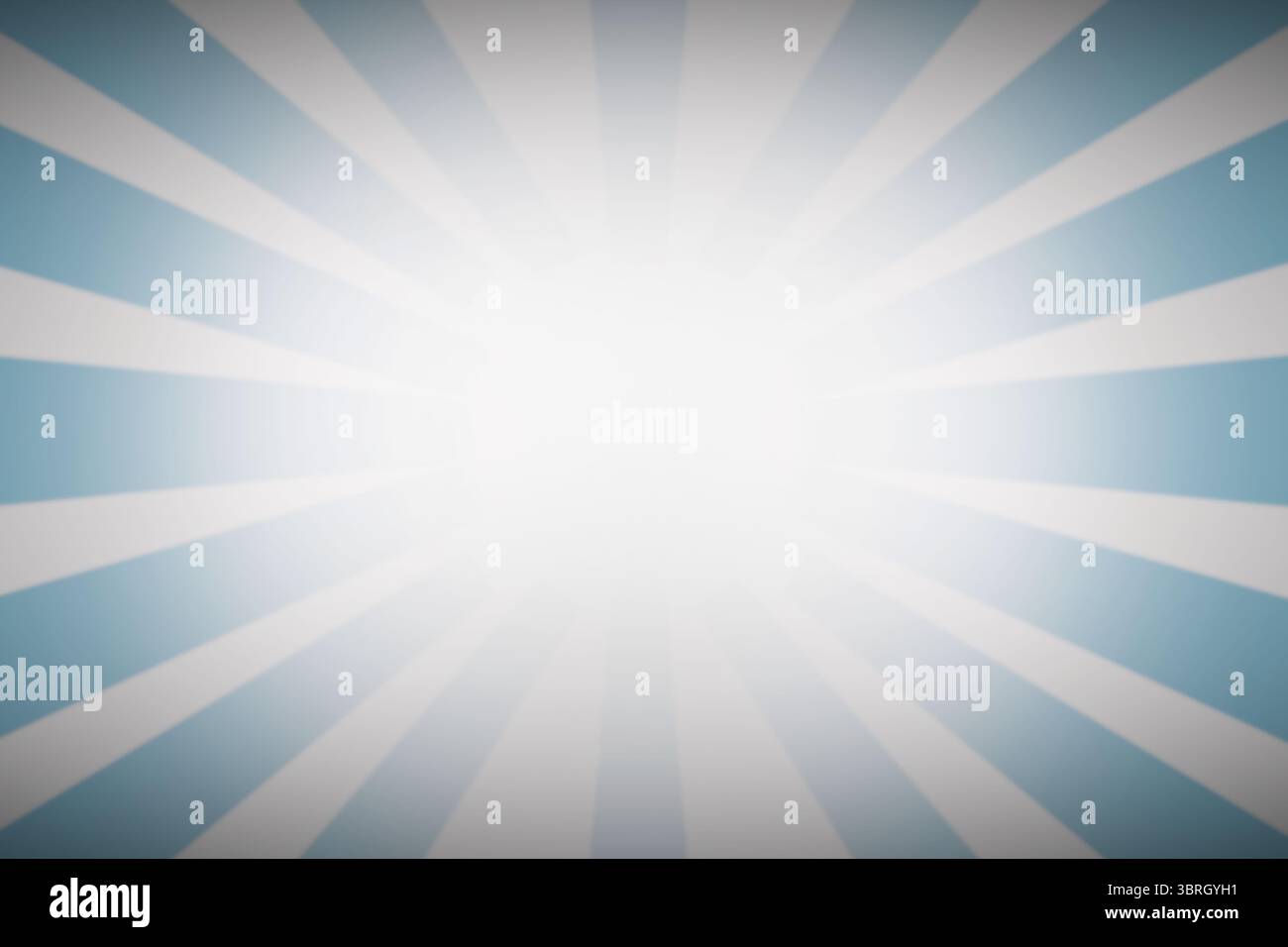 Der flache Hintergrund zeigt einen hellen weißen Sonnenstrahl, der hellblaue radiale Farbverlaufsstrahlen ausstrahlt Stockfoto
