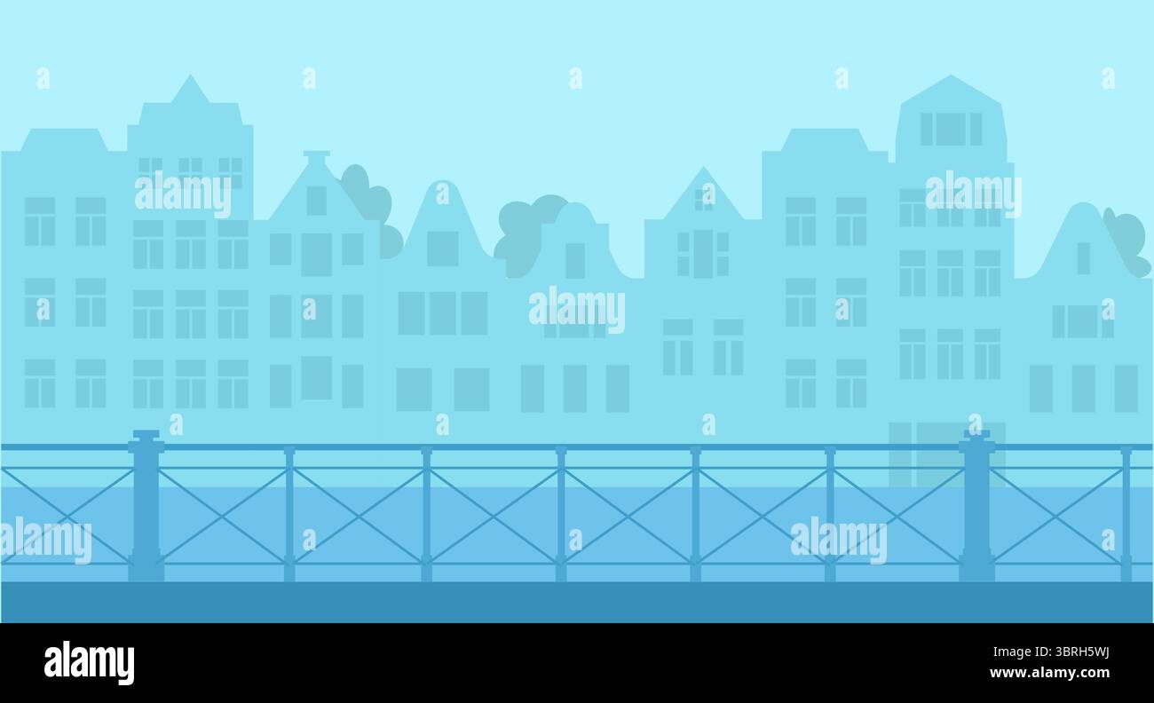 Amsterdamer Landschaft mit Häusern, Kanal und Zaun, monochromer Hintergrund mit europäischer Stadt in minimalistischem flachem Stil. Stock Vektor