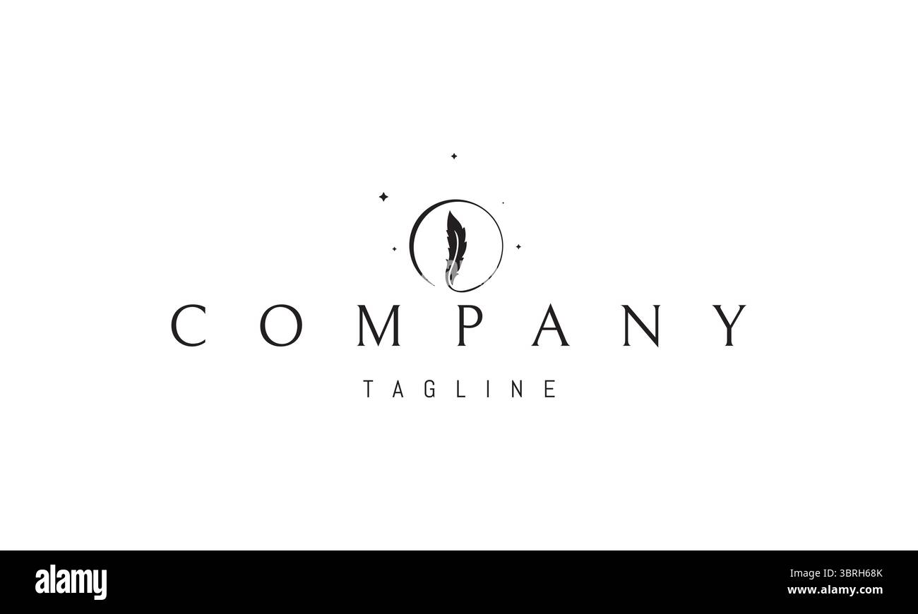 Ein Vektorlogo mit einem abstrakten Bild, eine Feder, die in einem Kreis eingeschlossen ist, die dem Mond ähnelt und an Weichheit, Ruhe und Eleganz erinnert. Stock Vektor