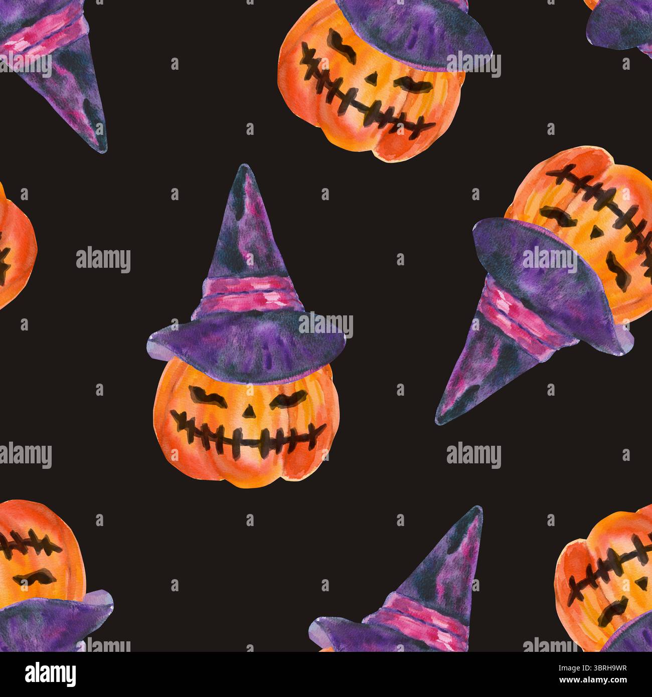 Nahtloses Aquarellmuster mit Halloween Kürbislaterne isoliert auf Schwarz. Ideal für dein Halloween-Design, Vintage-Postkarten, Verpackung, Verpackung Stockfoto