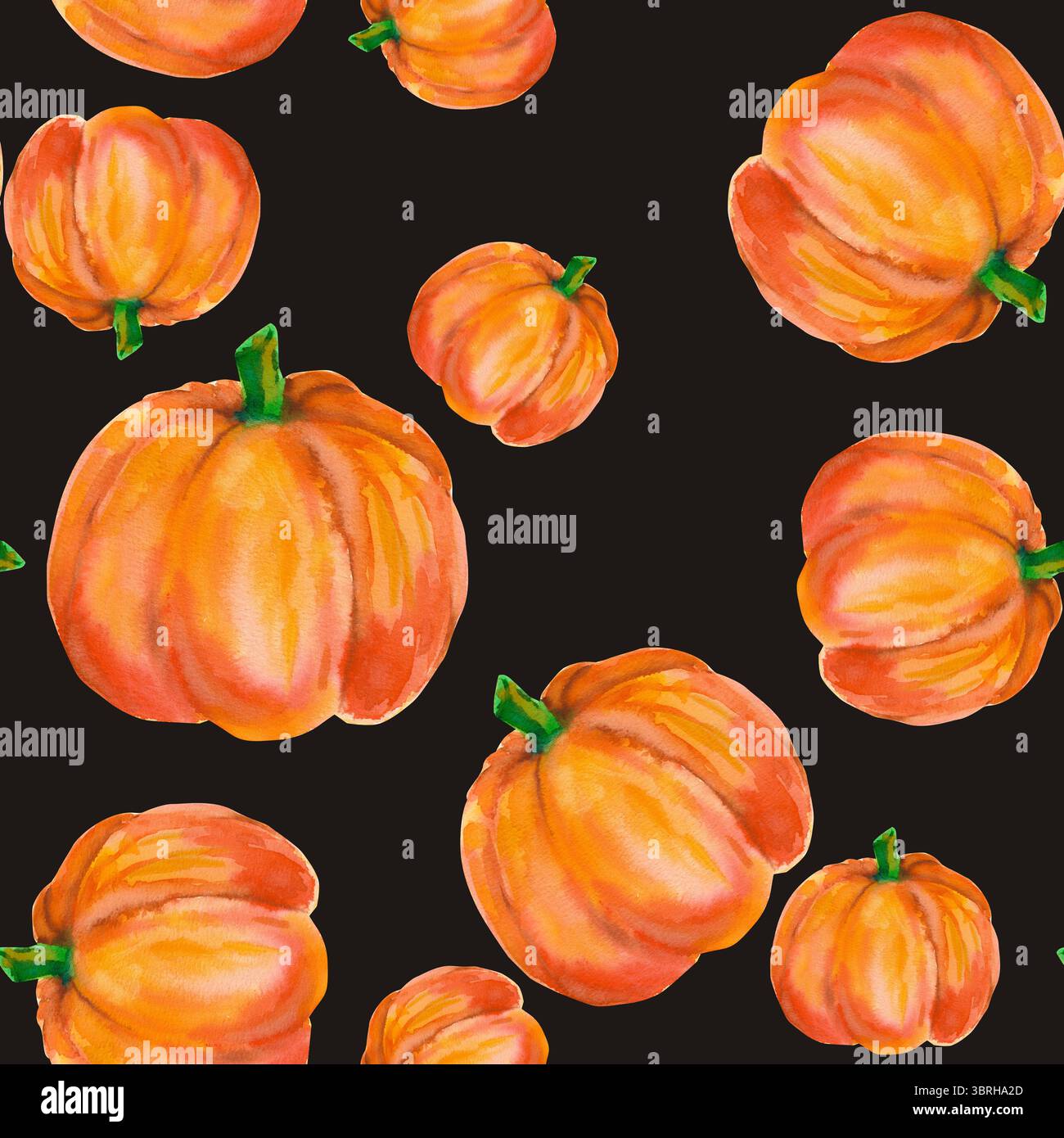 Kürbis. Nahtloses Aquarellmuster mit leuchtend orangefarbenen Kürbissen, isoliert auf Schwarz. Für saisonale Verpackungen, Geschenkpapier, Poster, Stoffdruck, bann Stockfoto