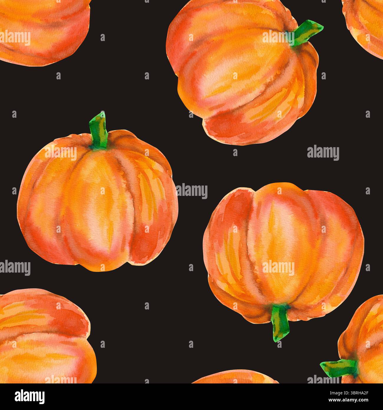 Kürbis. Nahtloses Aquarellmuster mit leuchtend orangefarbenen Kürbissen, isoliert auf Schwarz. Für saisonale Verpackungen, Geschenkpapier, Poster, Stoffdruck, bann Stockfoto