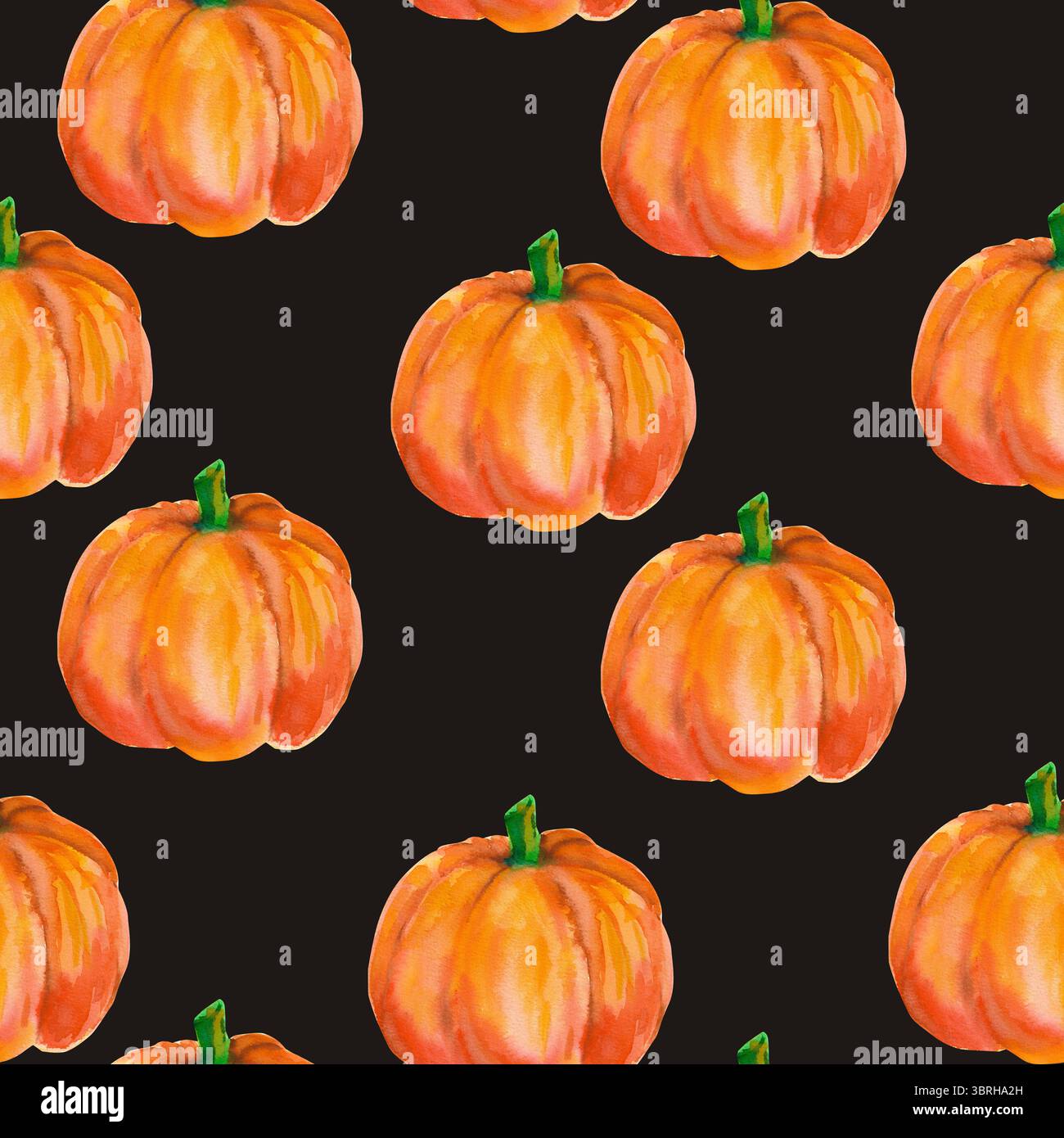 Kürbis. Nahtloses Aquarellmuster mit leuchtend orangefarbenen Kürbissen, isoliert auf Schwarz. Für saisonale Verpackungen, Geschenkpapier, Poster, Stoffdruck, bann Stockfoto