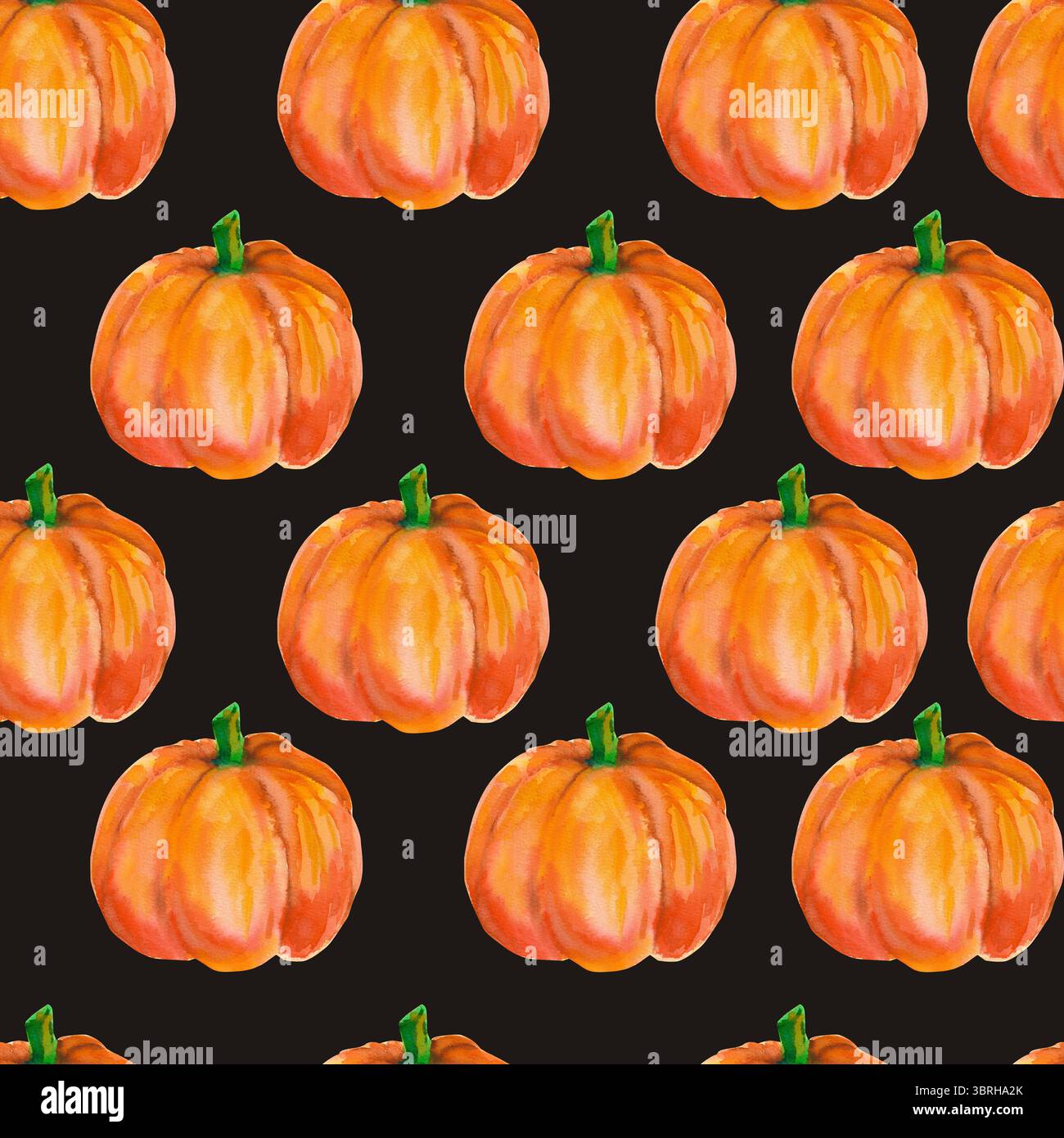 Kürbis. Nahtloses Aquarellmuster mit leuchtend orangefarbenen Kürbissen, isoliert auf Schwarz. Für saisonale Verpackungen, Geschenkpapier, Poster, Stoffdruck, bann Stockfoto