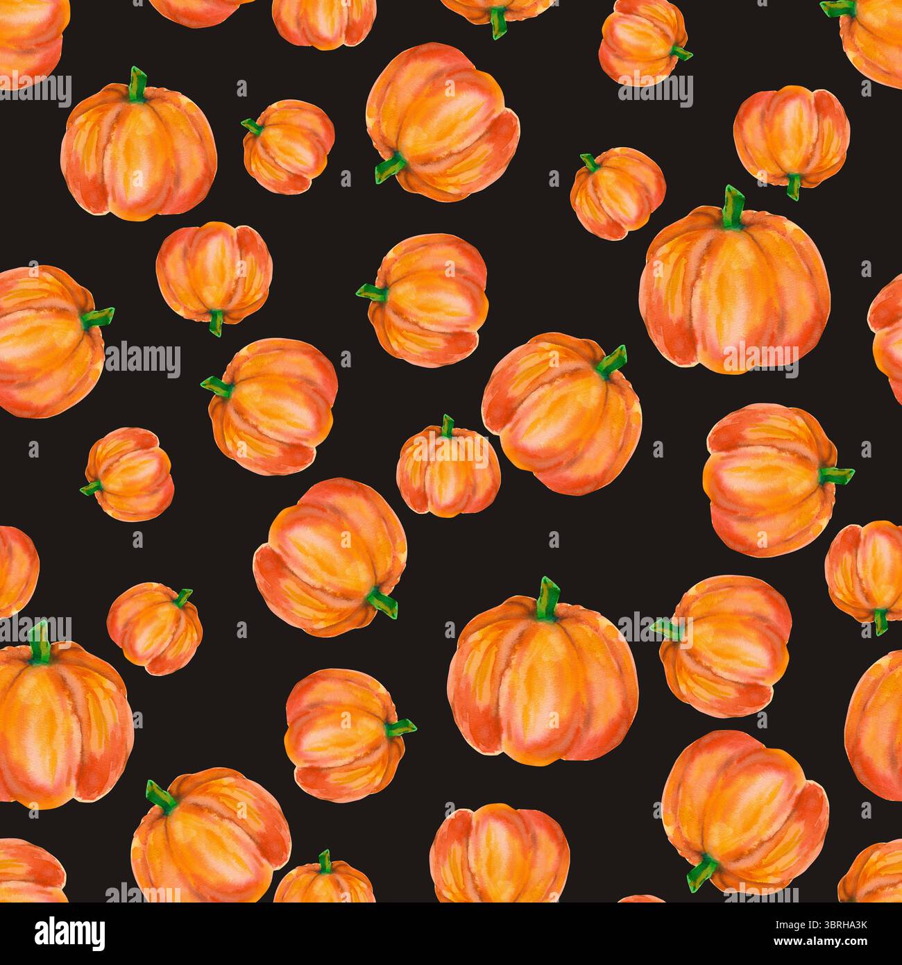 Kürbis. Nahtloses Aquarellmuster mit leuchtend orangefarbenen Kürbissen, isoliert auf Schwarz. Für saisonale Verpackungen, Geschenkpapier, Poster, Stoffdruck, bann Stockfoto