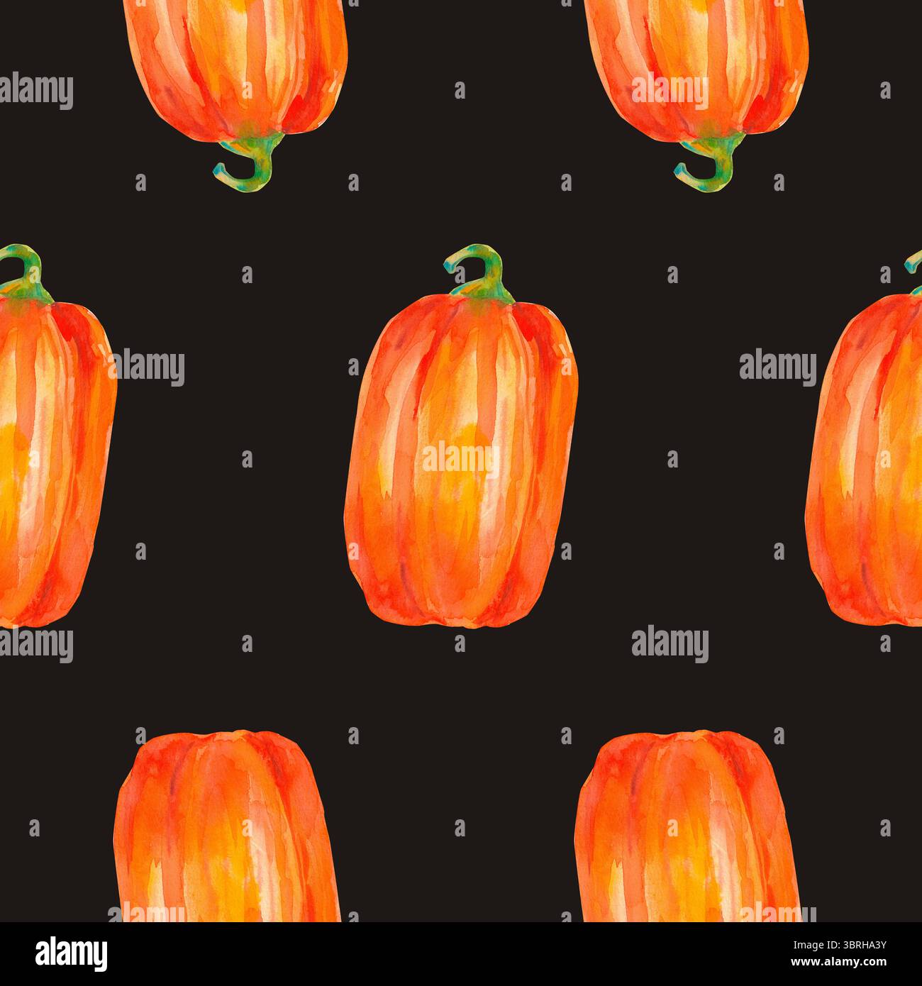 Kürbis. Nahtloses Aquarellmuster mit leuchtend orangefarbenen Kürbissen, isoliert auf Schwarz. Für saisonale Verpackungen, Geschenkpapier, Poster, Stoffdruck, bann Stockfoto