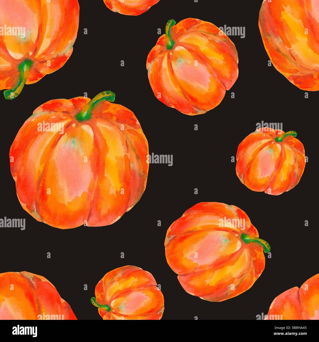 Kürbis. Nahtloses Aquarellmuster mit leuchtend orangefarbenen Kürbissen, isoliert auf Schwarz. Für saisonale Verpackungen, Geschenkpapier, Poster, Stoffdruck, bann Stockfoto